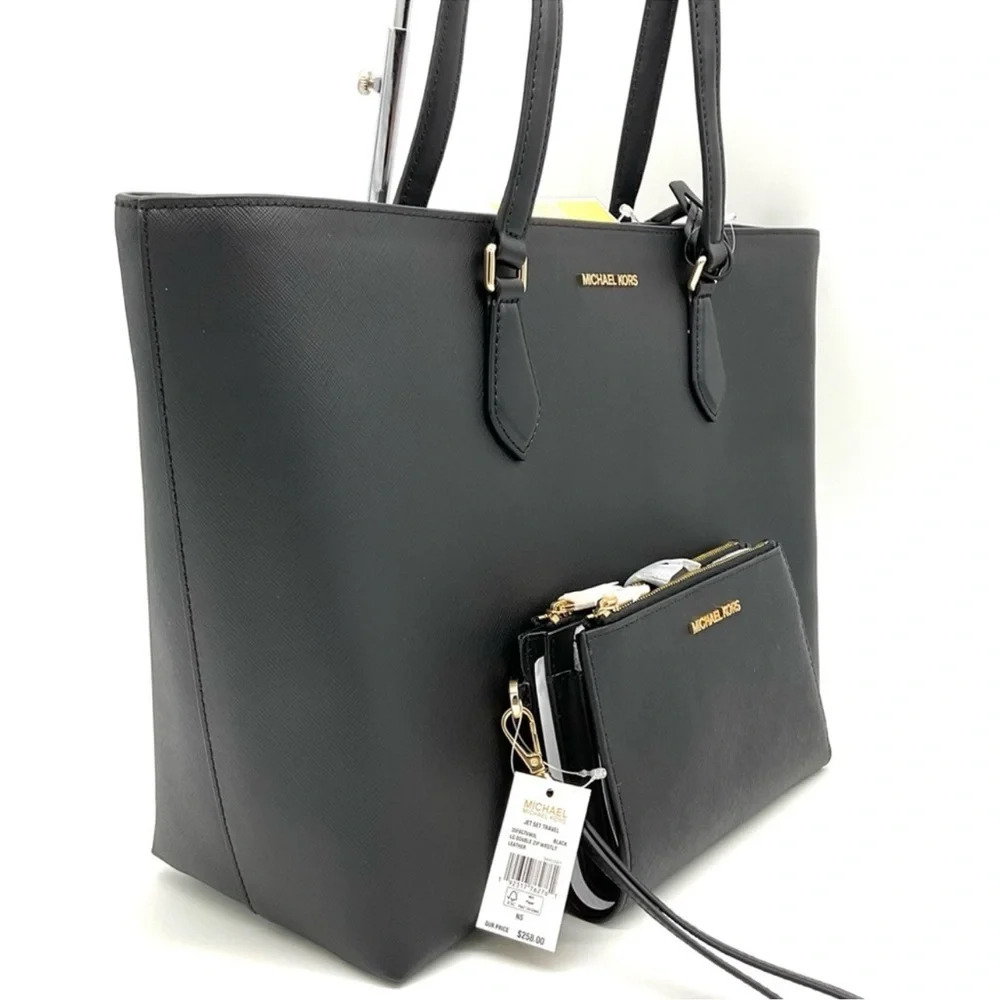 Michael Kors Bag Large Sheila Mf Tote Bag & Large Double Zip Wallet Black/Gold - Picture 4 of 15